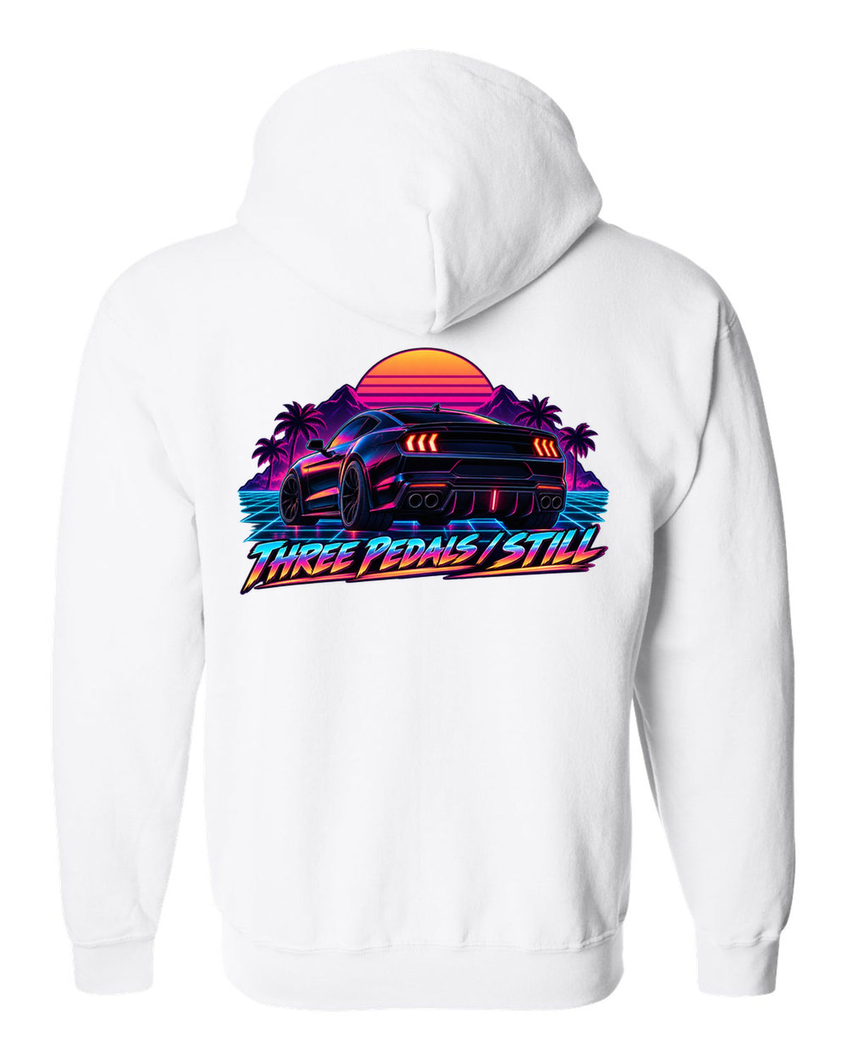 Synthwave outrun 2024 S650 Ford Mustang coupe with Three pedals still text white zip hoodie back view with the design