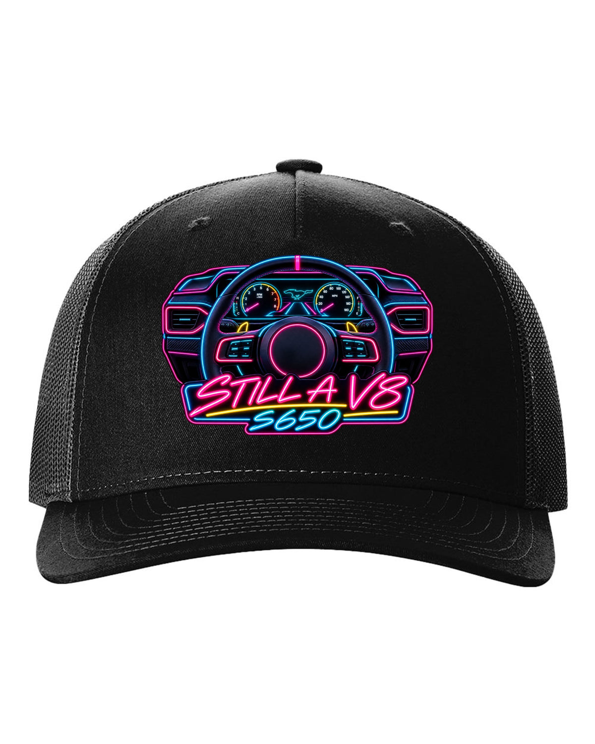Neon sign style 2024 S650 Ford Mustang coupe with Still a V8 text black hat front view with the design