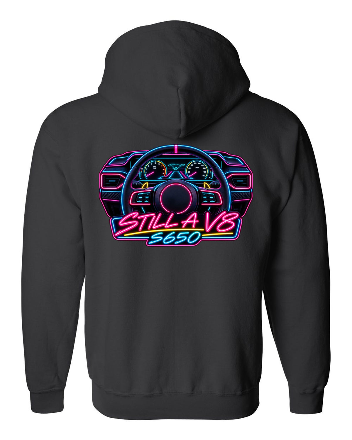 Neon sign style 2024 S650 Ford Mustang coupe with Still a V8 text black zip hoodie back view with the design