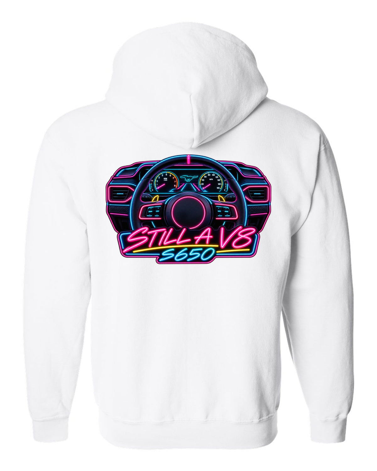 Neon sign style 2024 S650 Ford Mustang coupe with Still a V8 text white zip hoodie back view with the design