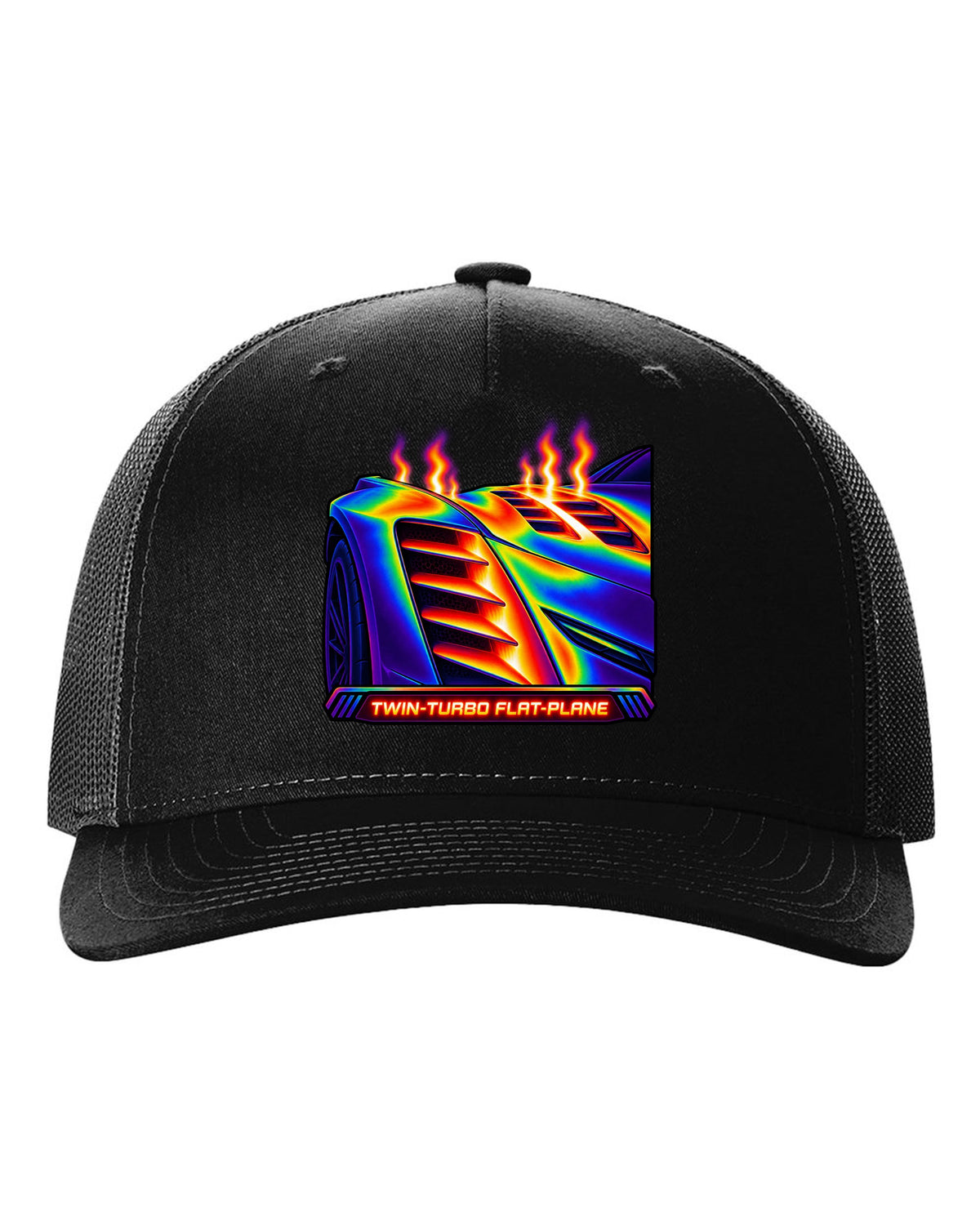 Infrared thermal gradient print of a fender vent on a 2025 Chevrolet Corvette C8 ZR1 with Twin-Turbo Flat-Plane text black hat front view with the design