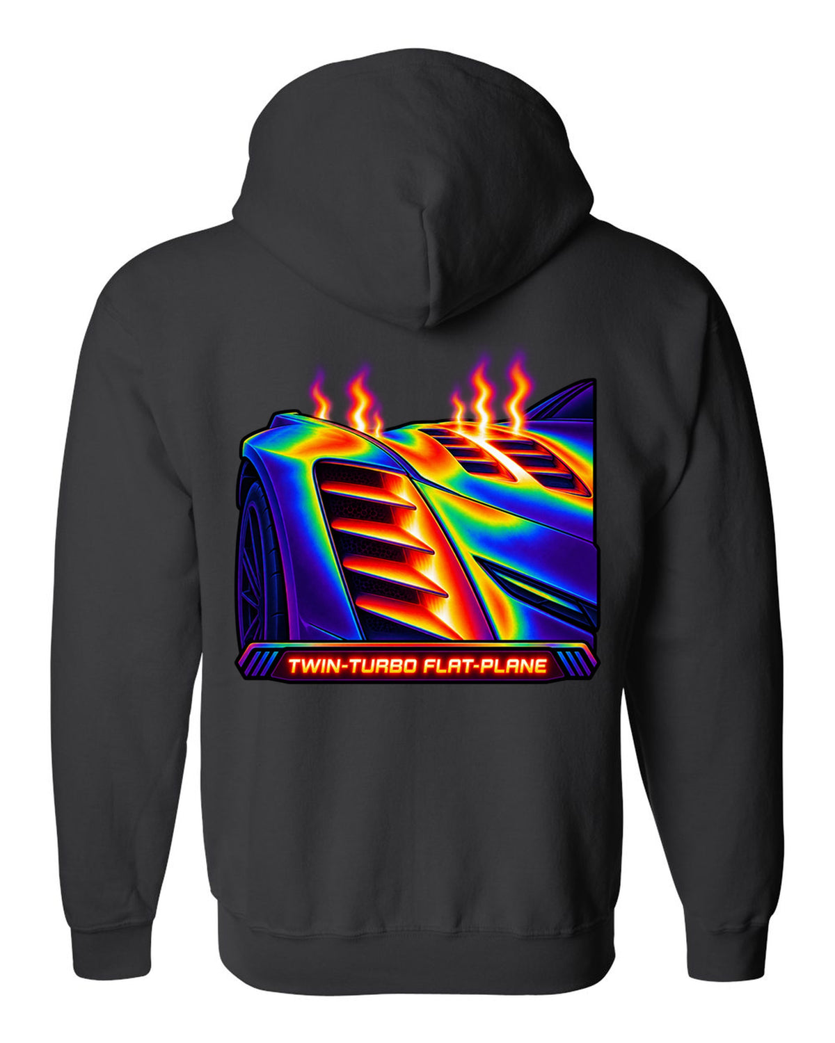 Infrared thermal gradient print of a fender vent on a 2025 Chevrolet Corvette C8 ZR1 with Twin-Turbo Flat-Plane text black zip hoodie back view with the design