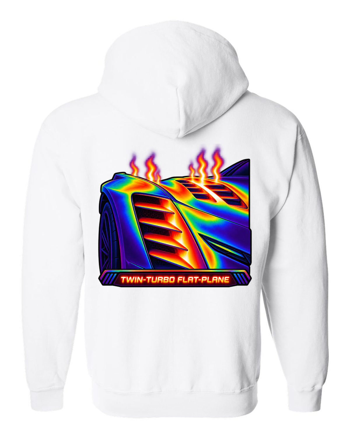 Infrared thermal gradient print of a fender vent on a 2025 Chevrolet Corvette C8 ZR1 with Twin-Turbo Flat-Plane text white zip hoodie back view with the design