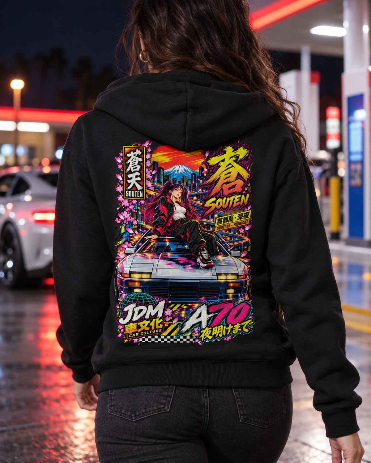 SOUTEN A70 Anime Girl Full-Back Graphic Tee Zip Hoodie Black worn hero