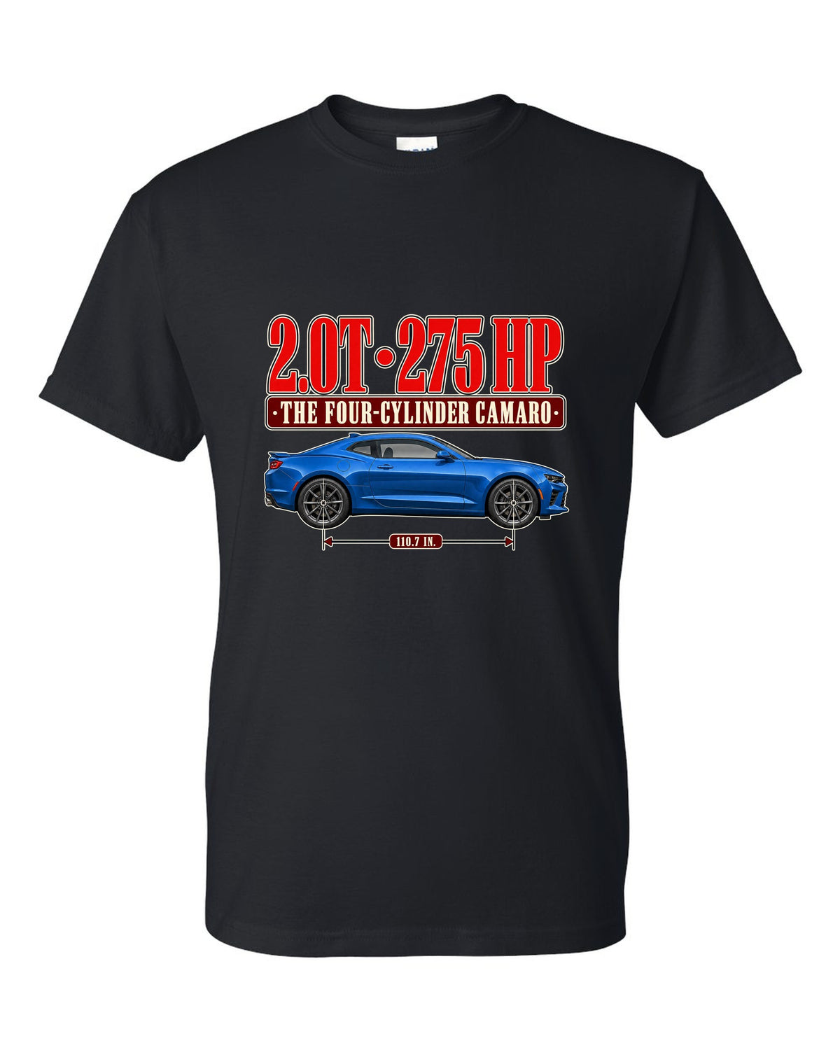 Editorial headline print for a Chevrolet Camaro 2.0T Turbo 1LE black t-shirt front view with the design