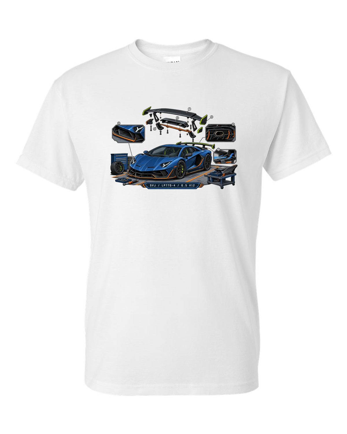 Isometric exploded-view engineering drawing of a Lamborghini Aventador SVJ LP770-4 with V12 text white t-shirt front view with the design