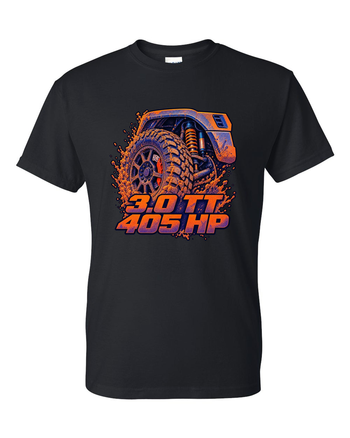 Ford Ranger Raptor P703 wheel and brake in a risograph style print black t-shirt front view with the design