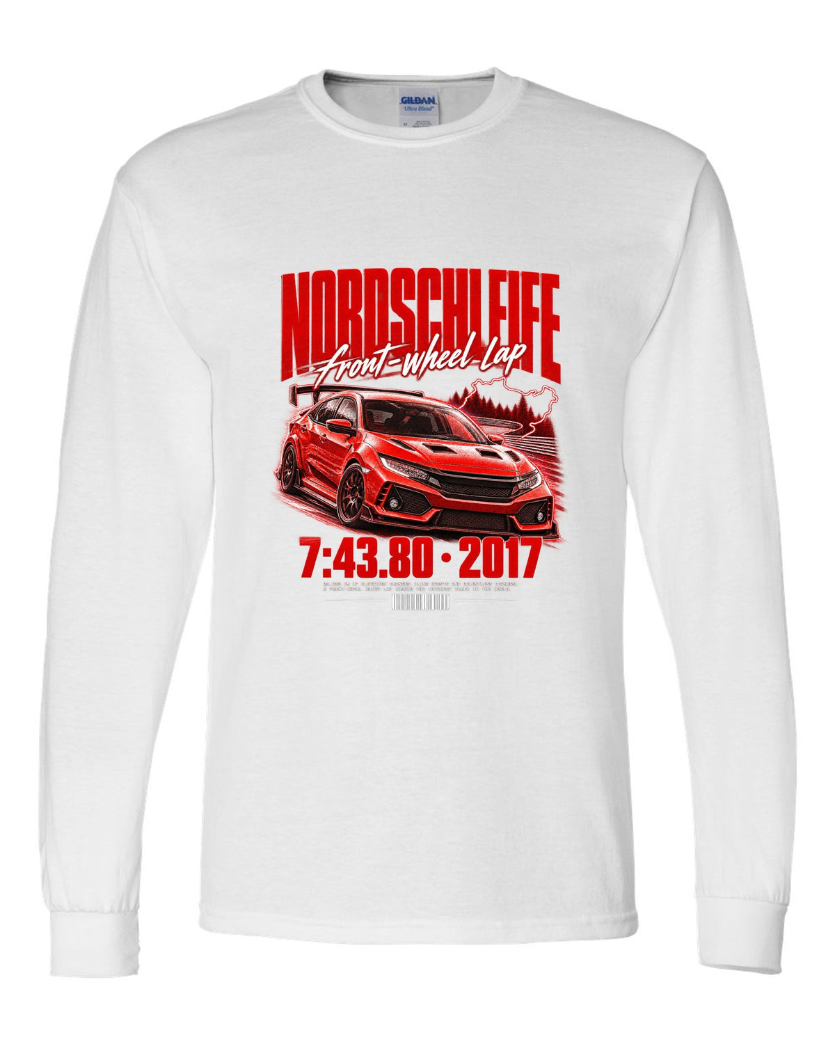 Honda Civic FK8 chback street poster with Nordschleife front-wheel lap time 7:43.80 white long sleeve front view with the design