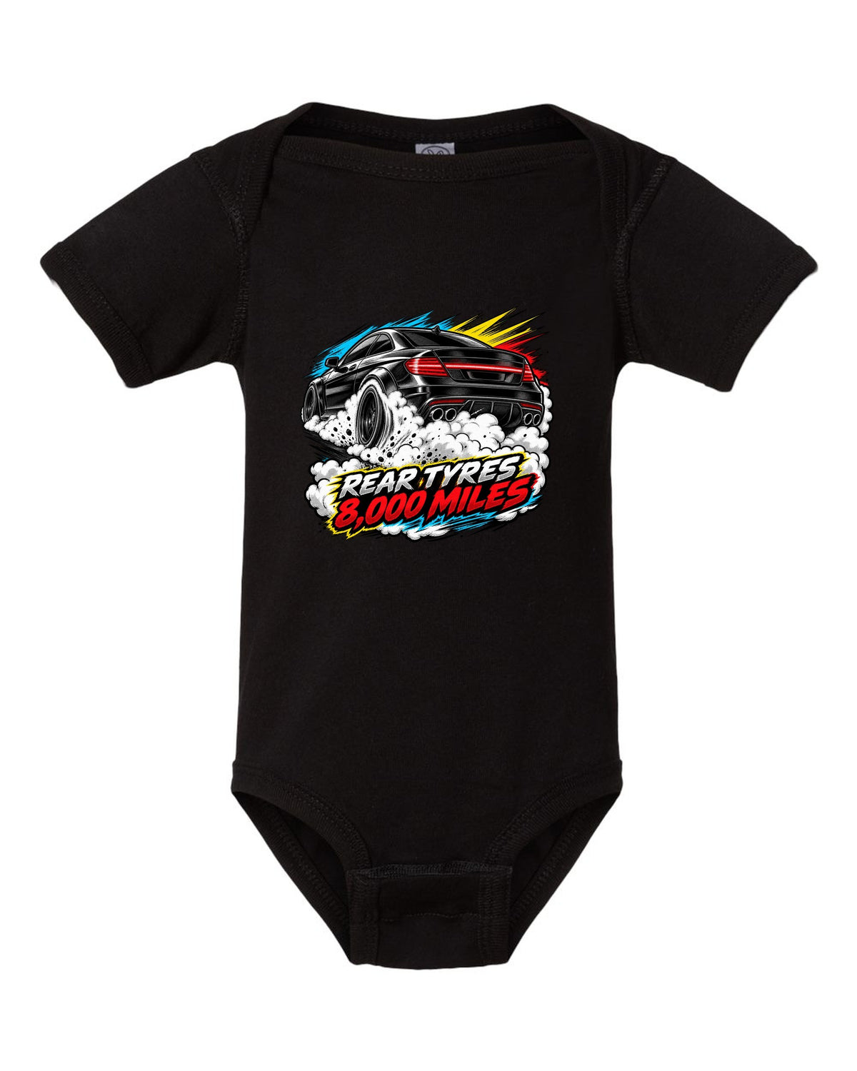 Watercolour wash of a Mercedes C63 AMG W204 with M156 head bolts text black baby onesie front view with the design