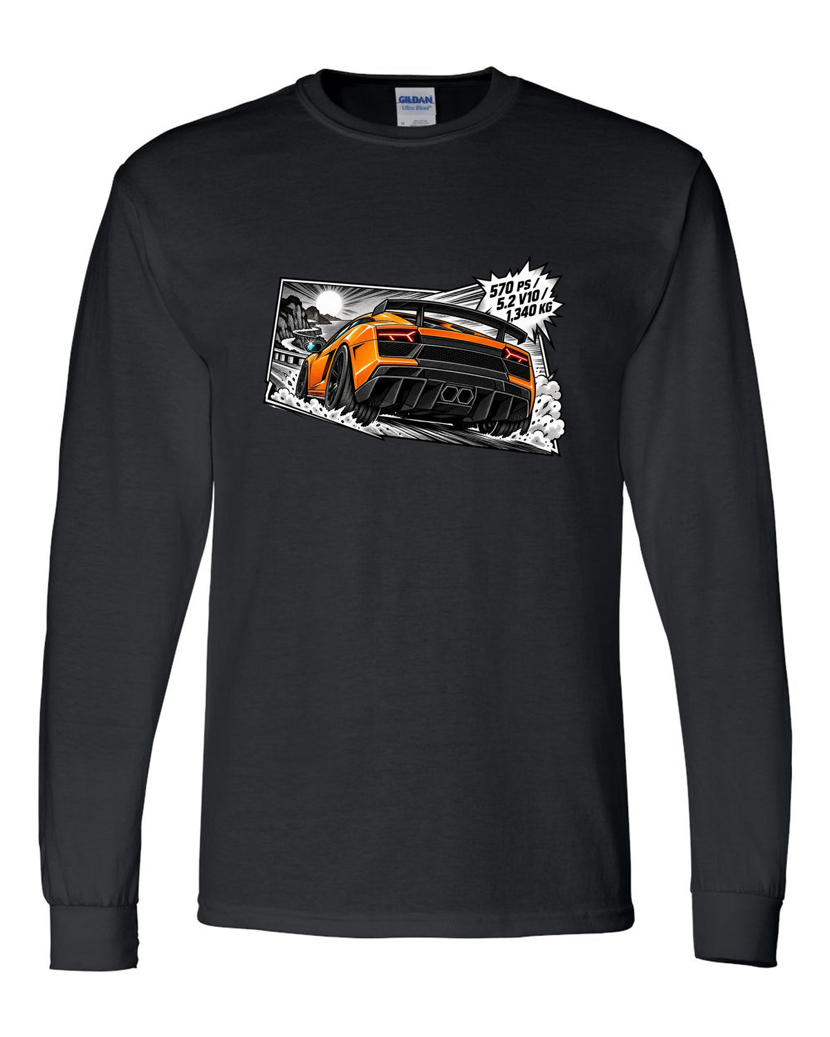 Retro manga halftone panel of a Lamborghini Gallardo LP570-4 Superleggera with spec text black long sleeve front view with the design