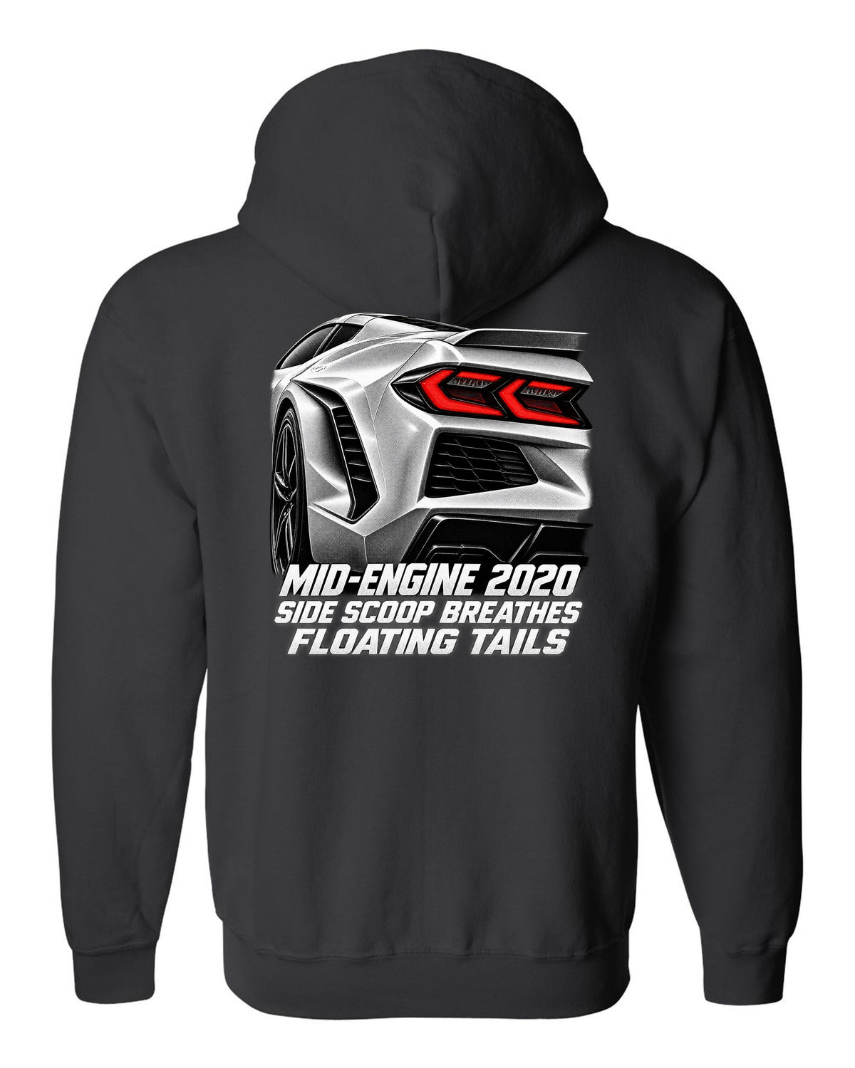 Corvette C8 Stingray 2020 Side Intake Taillight Detail black zip hoodie back view with the design