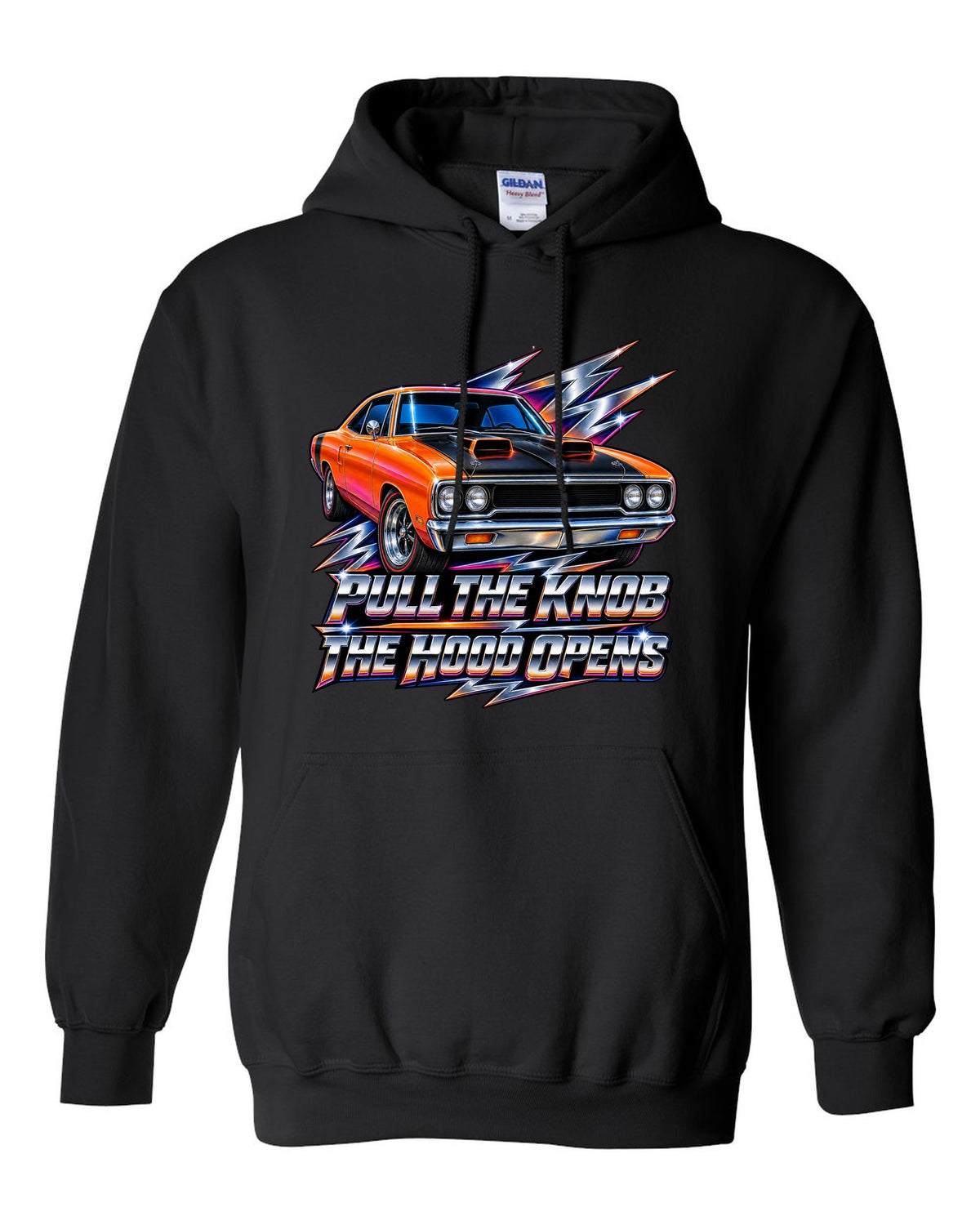 80s airbrush chrome design of a 1970 Plymouth Road Runner with pull the knob hood text black pull over hoodie front view with the design