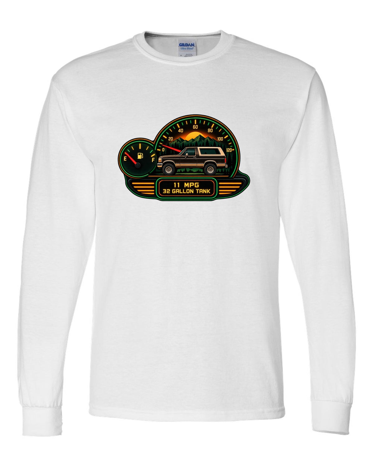 Gauge-cluster HUD style art of a 1987-91 Ford Bronco Brick-Nose dash with 11 MPG 32 GALLON TANK readouts white long sleeve front view with the design