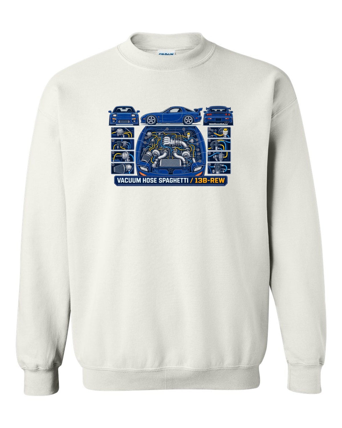 Patent drawing schematic print of a Mazda RX-7 FD3S 13B-REW with text Vacuum Hose Spaghetti white crewneck front view with the design