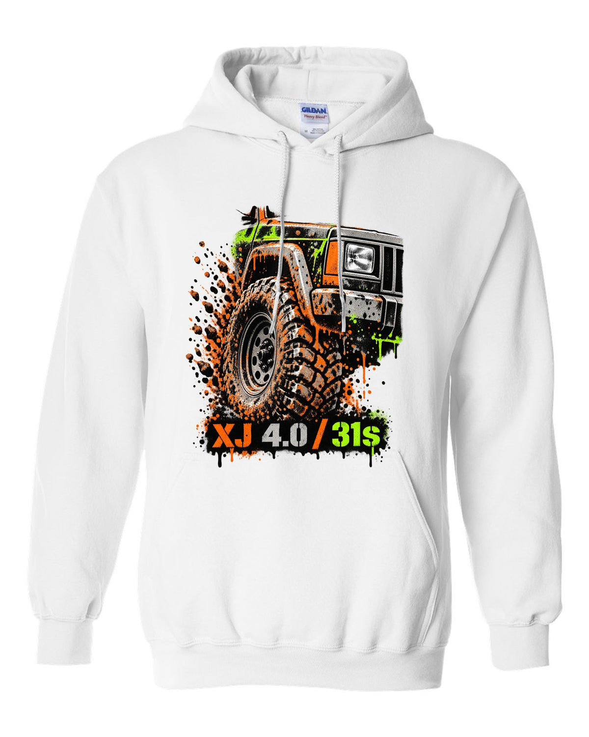 Stencil spray street art print of a muddy Jeep Cherokee XJ wheel with XJ 4.0 31s text white pull over hoodie front view with the design