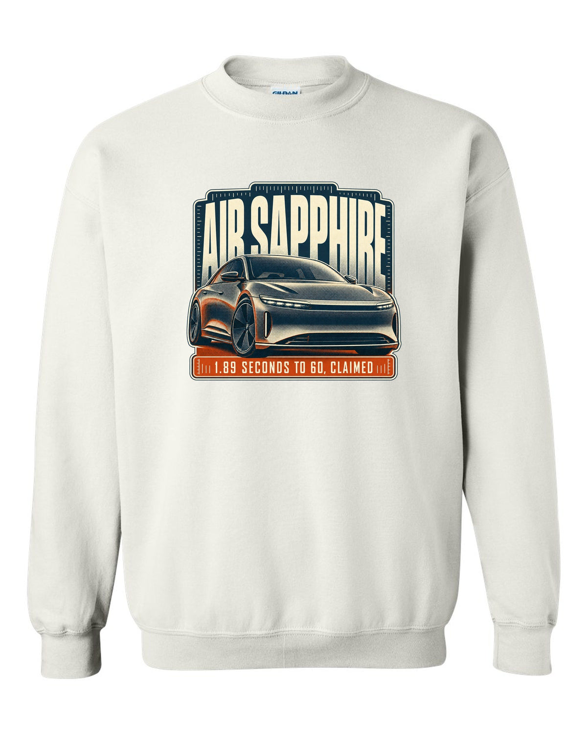 Halftone print of a Lucid Air Sapphire with 1.89 second 0-60 claim white crewneck front view with the design