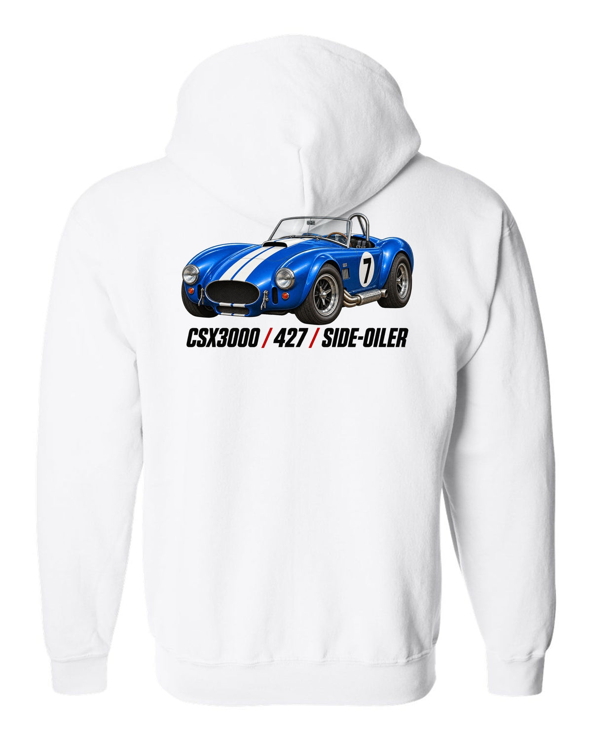 Shelby Cobra 427 CSX3000 Side-Oiler Racing Roundel white zip hoodie back view with the design