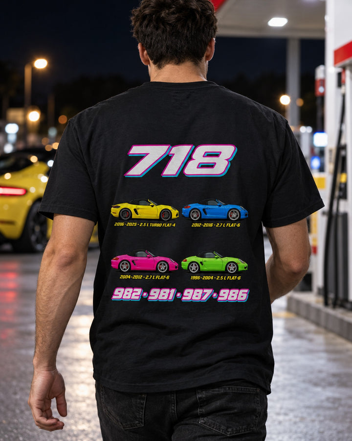 Porsche Boxster 718 Evolution Poster Full-Back Graphic Tee T-Shirt Black worn hero