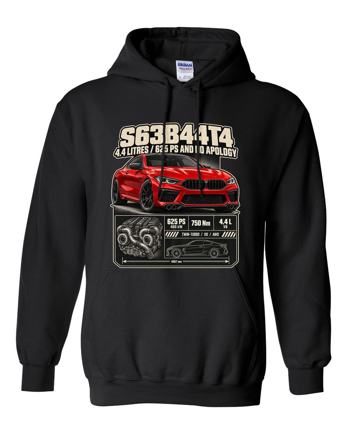 BMW M8 Competition Coupe F92 spec poster print on a tee black pull over hoodie front view with the design