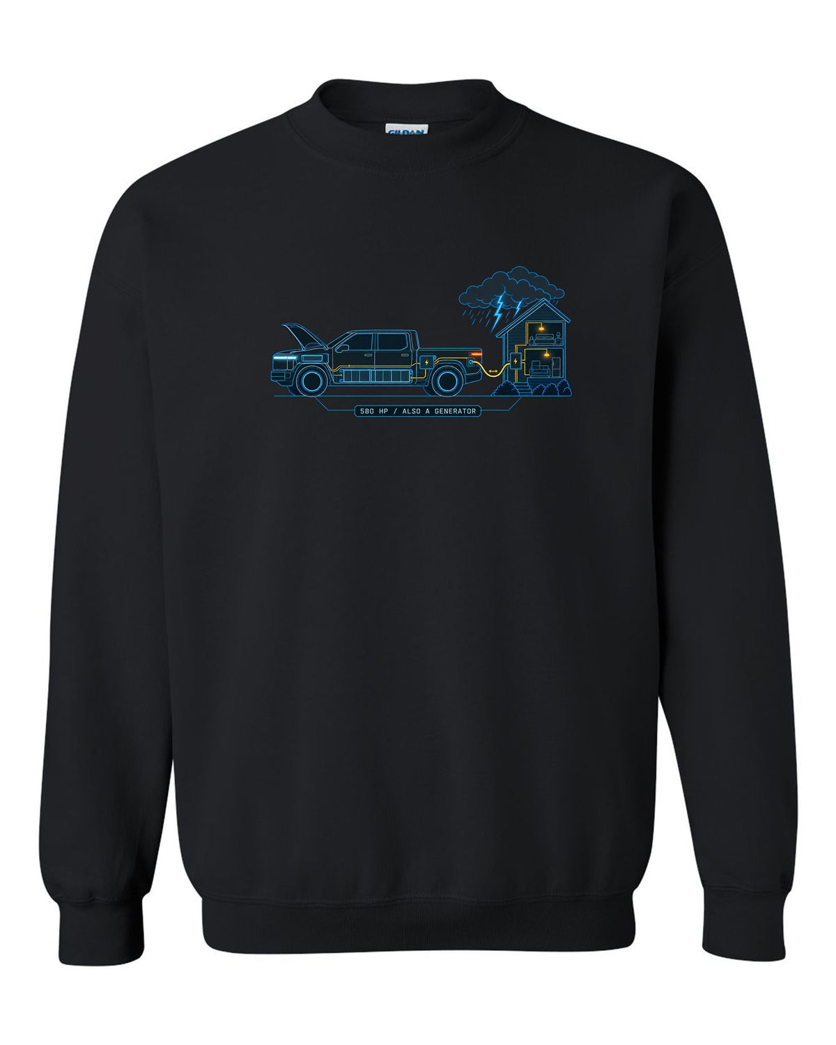Ford F-150 Lightning electrical schematic diagram print with 580 HP and generator text black crewneck front view with the design