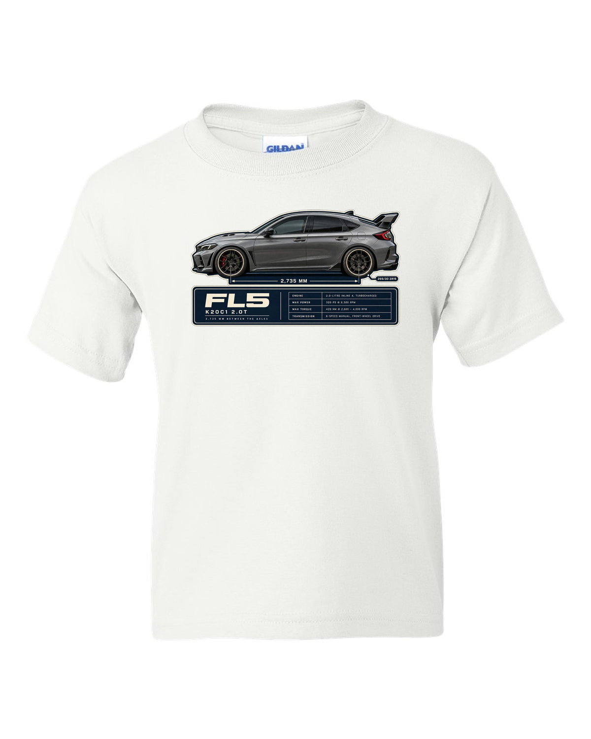 Honda Civic Type R FL5 Wheelbase Blueprint white kids tee front view with the design