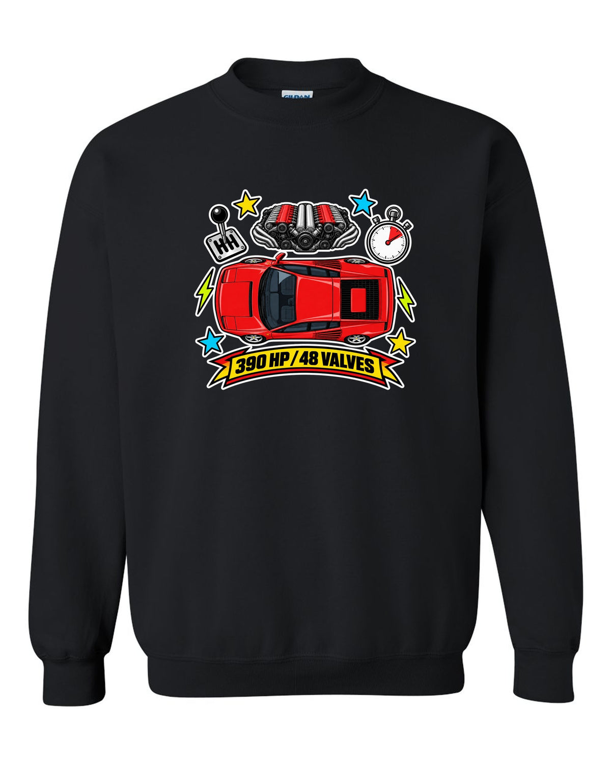 Sticker-bomb collage of the Ferrari Testarossa with 390 HP and 48 valves text black crewneck front view with the design