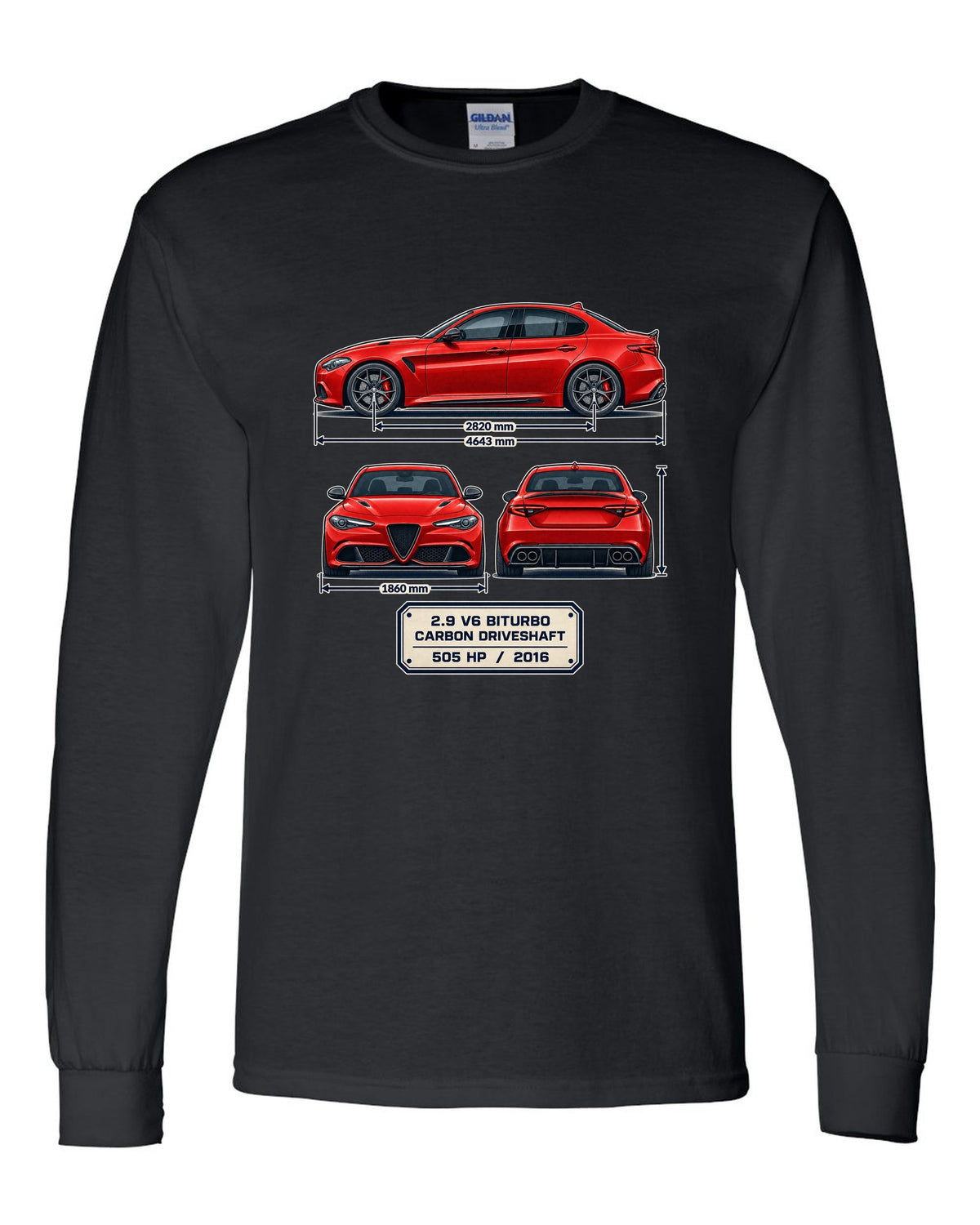 Alfa Romeo Giulia Quadrifoglio three-view spec print black long sleeve front view with the design