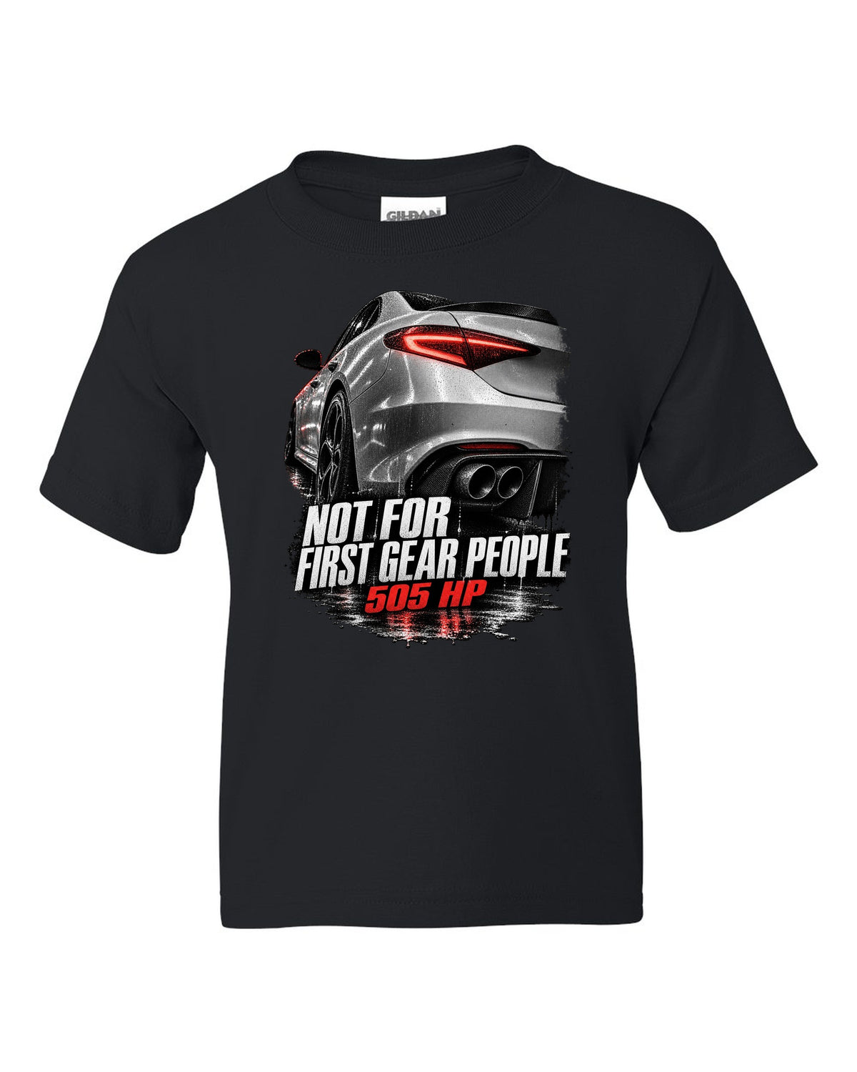 Taillight macro print of an Alfa Romeo Giulia Quadrifoglio with 505 HP text black kids tee front view with the design