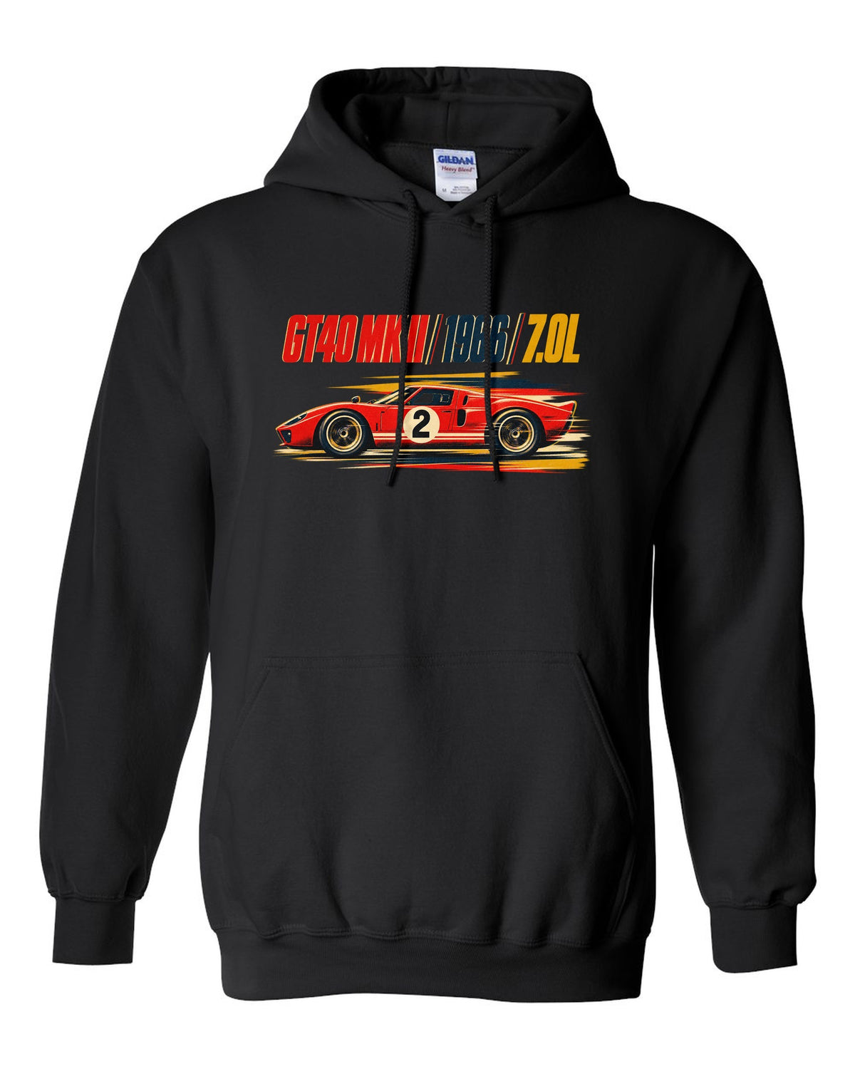 Vintage litho race poster of a 1966 Ford GT40 Mk II with 7.0L lettering black pull over hoodie front view with the design