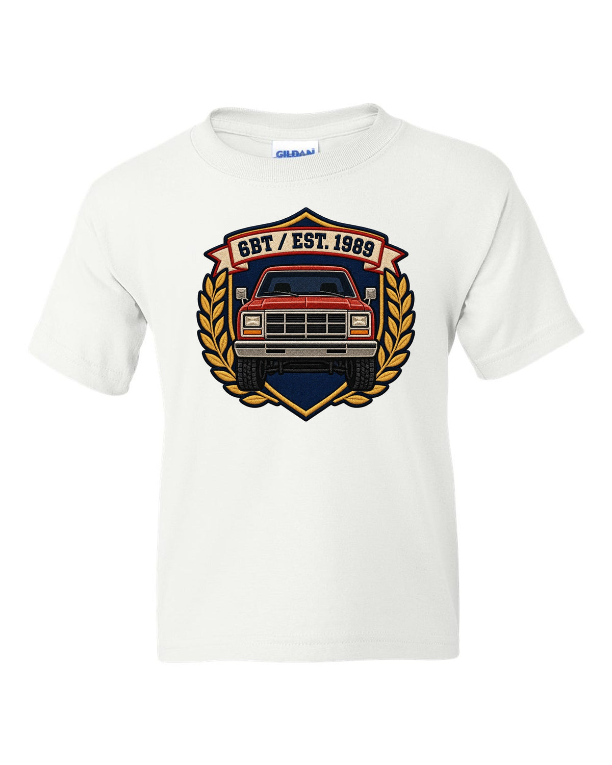 Varsity shield crest print for a first-generation Dodge Ram D250 6BT Cummins white kids tee front view with the design
