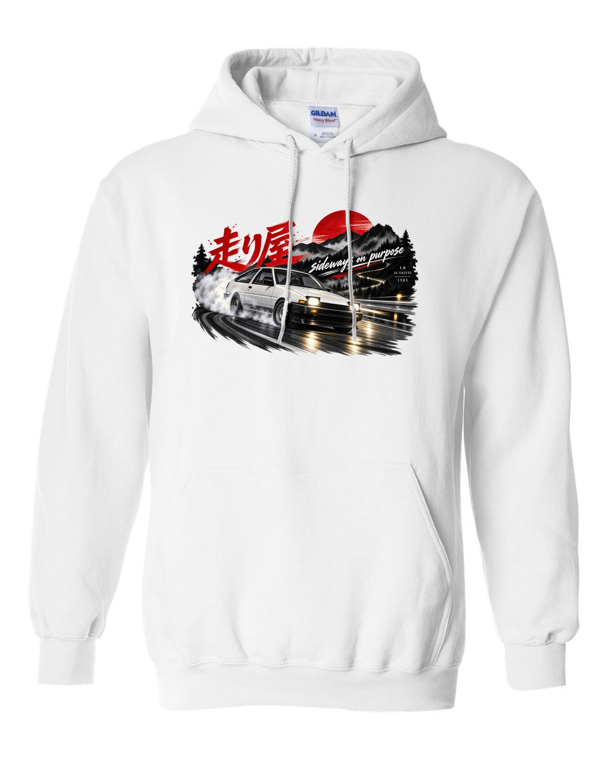 VW Golf Mk2 16V front three-quarter sliding at night with touge kanji white pull over hoodie front view with the design