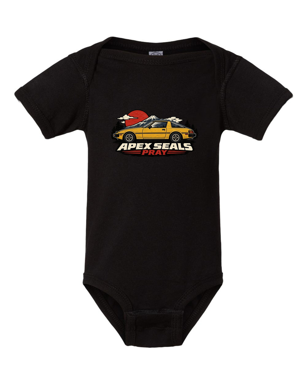 Mazda RX-7 SA22C Linocut Side Profile black baby onesie front view with the design