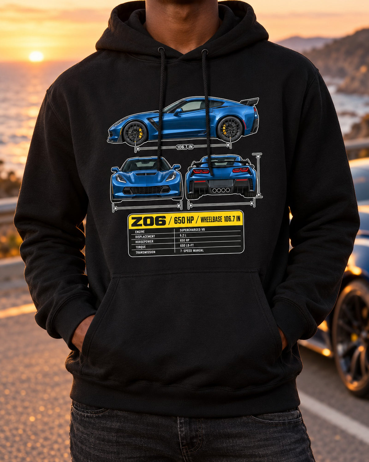 Corvette C7 Z06 Three-View Spec Table Shirt, Car Guy Gift Pull Over Hoodie Black worn hero