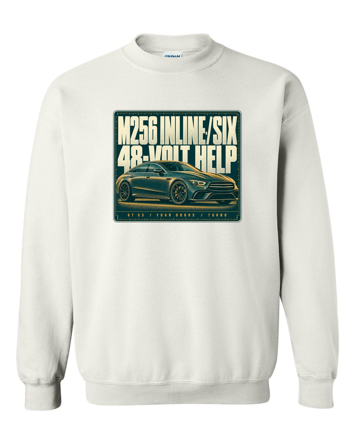 Mercedes-AMG GT 53 4-Door X290 teal and amber halftone print white crewneck front view with the design