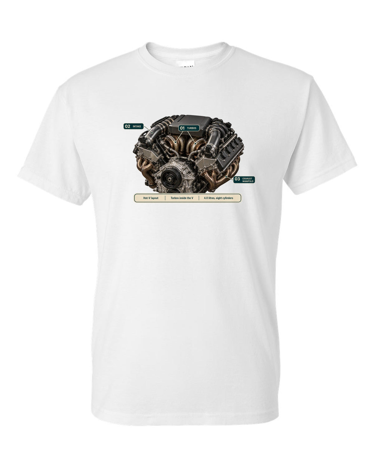 Engine hero print of the Mercedes-AMG M177 4.0 V8 from the G63 white t-shirt front view with the design