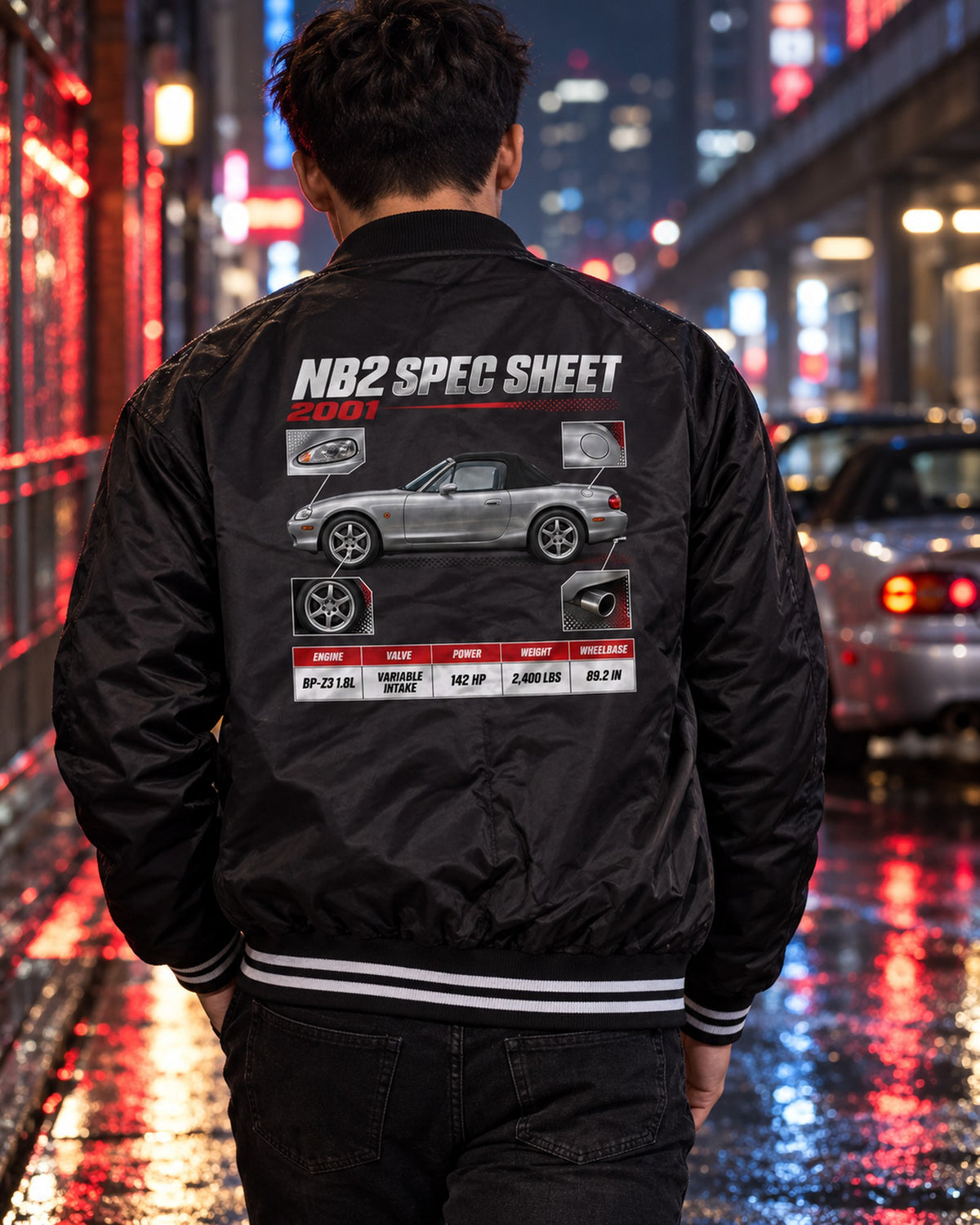 Mazda MX-5 NB2 Spec Sheet Shirt, 2001 Variable Intake Bomber Jacket Black worn hero