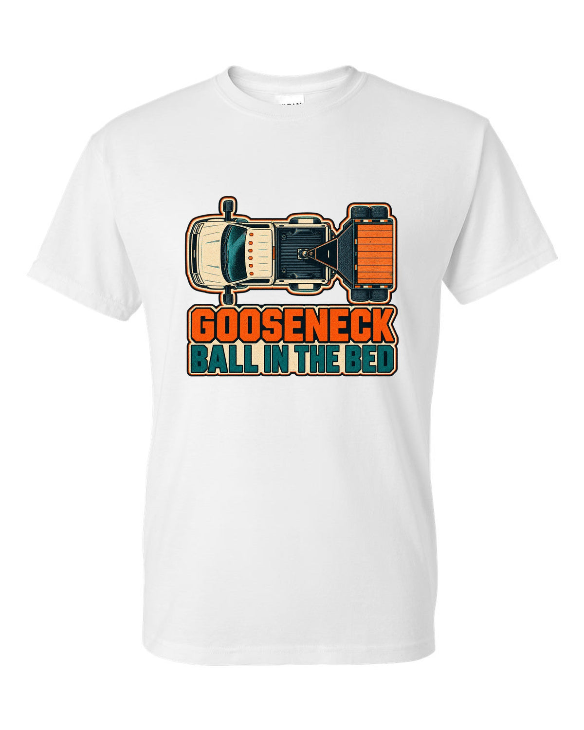 Top-down risograph print of a 2019-2024 Ram HD 3500 long bed with gooseneck ball in the bed text white t-shirt front view with the design