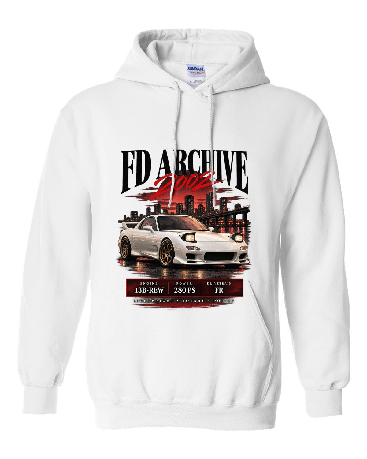 Archive panel print of the Mazda RX-7 FD3S Spirit R 2002 with spec lettering white pull over hoodie front view with the design