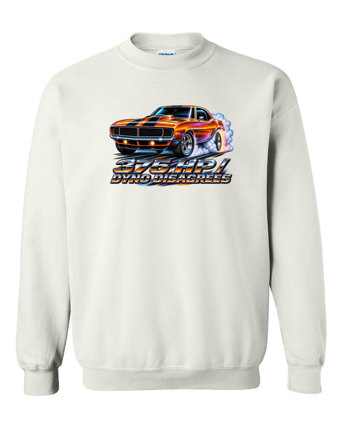 1969 Camaro SS 396 doing a burnout in 80s airbrush chrome style with text 375 HP Dyno Disagrees white crewneck front view with the design