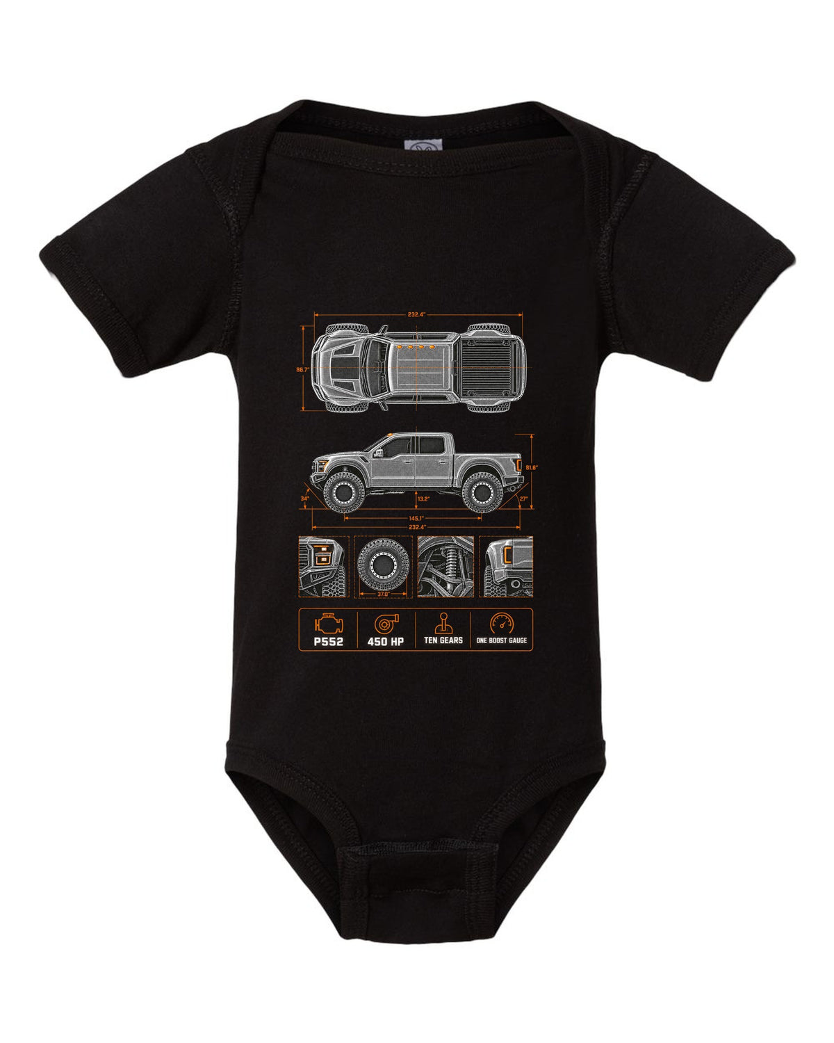 Ford F-150 Raptor Gen 2 P552 spec poster print with 450 HP and ten gears black baby onesie front view with the design