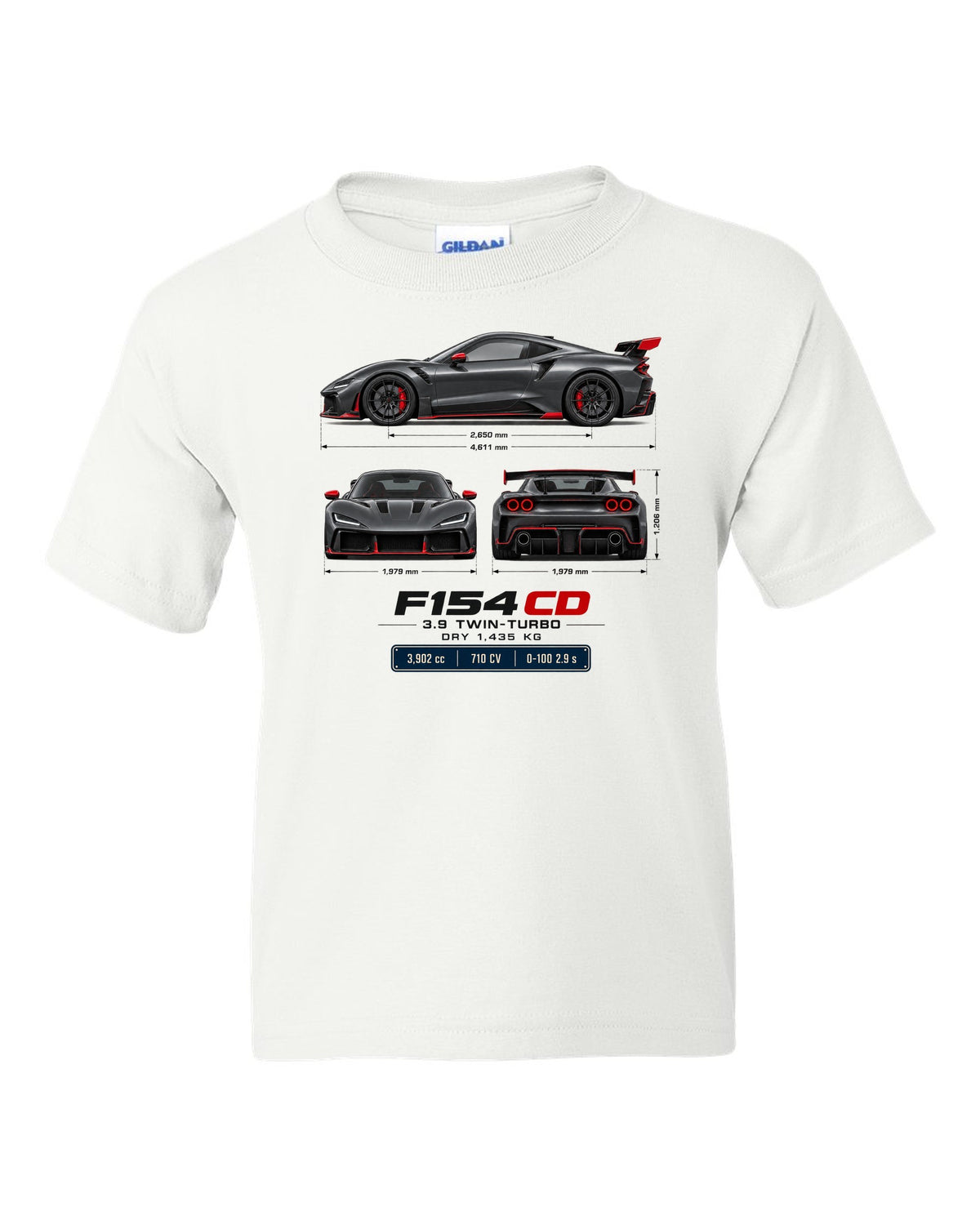 Ferrari F8 Tributo three-view spec table print with F154 CD engine code white kids tee front view with the design