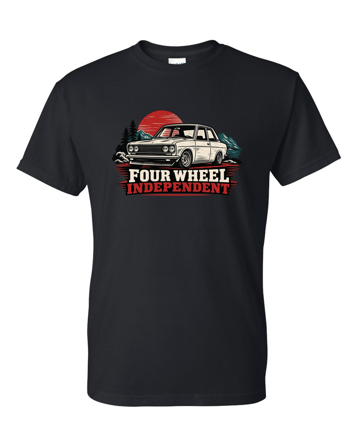Linocut print of a Datsun 510 with Four Wheel Independent lettering black t-shirt front view with the design