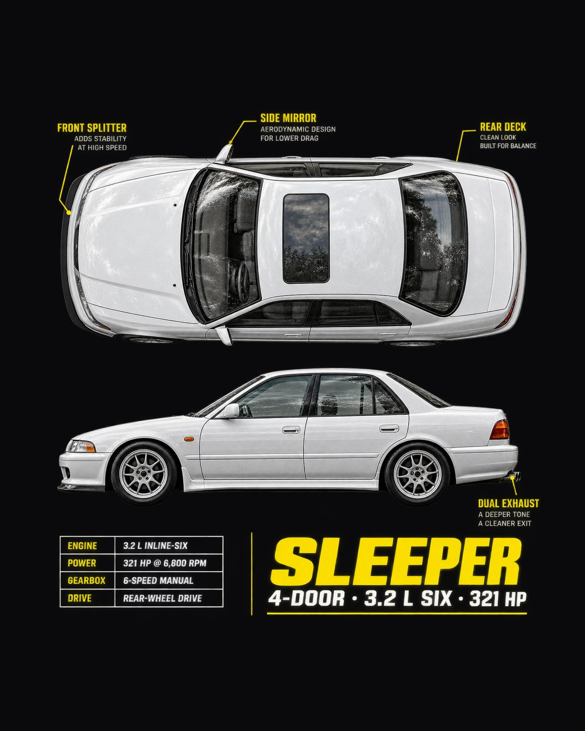 BMW E36 M3 Sedan Four-Door Sleeper Spec Poster Shirt design only