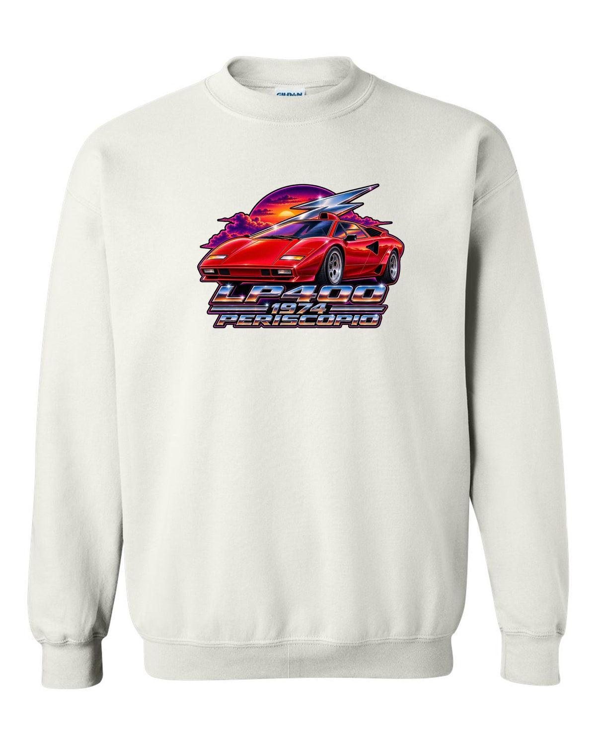 80s airbrush chrome style Lamborghini Countach LP400 with LP400 1974 Periscopio text white crewneck front view with the design