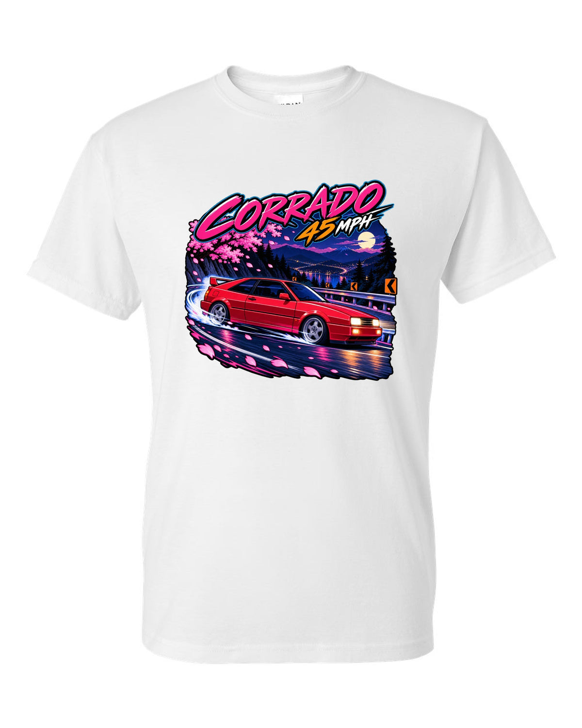 Cel-shaded anime night touge hairpin scene of a VW Corrado VR6 with Corrado 45 mph text white t-shirt front view with the design