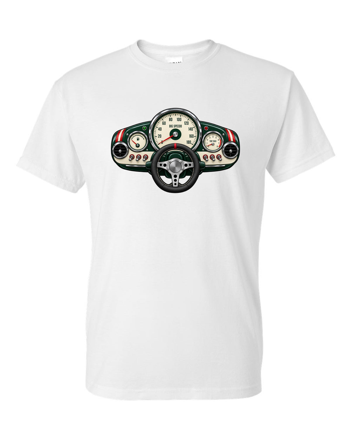 Gauge-cluster print for the Mini Cooper S R53 with big speedo and tiny tach lettering white t-shirt front view with the design