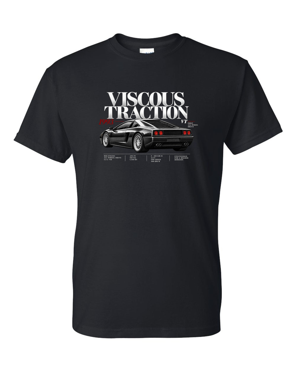 Editorial print of a Lamborghini Diablo VT with viscous traction and first all-wheel drive text black t-shirt front view with the design