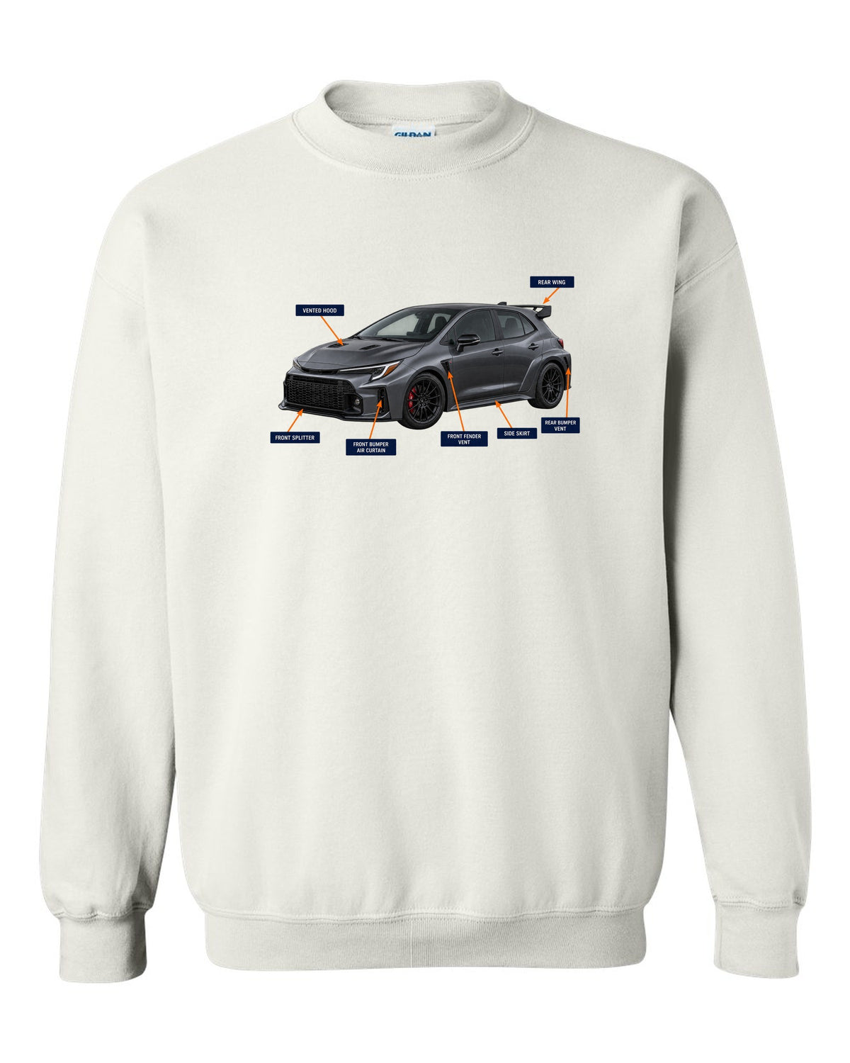 Toyota GR Corolla Circuit Edition chback with aero cutaway callouts and G16E-GTS text white crewneck front view with the design