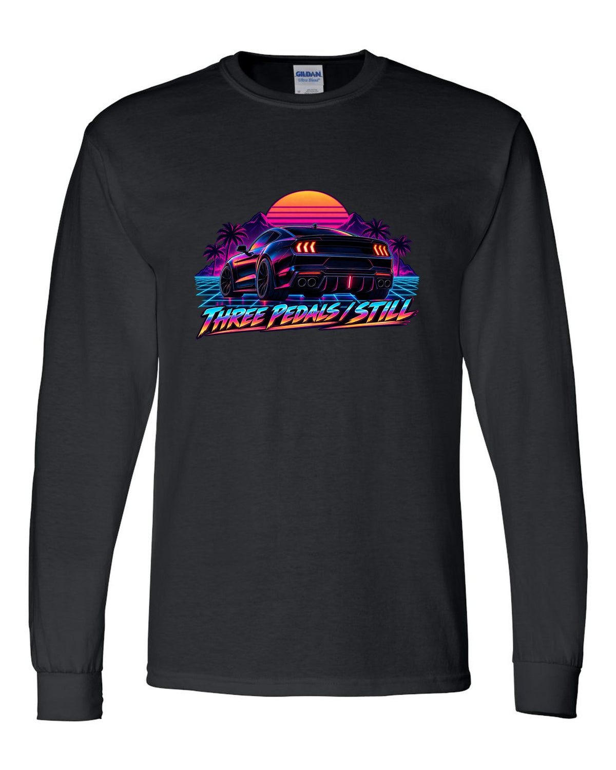 Synthwave outrun 2024 S650 Ford Mustang coupe with Three pedals still text black long sleeve front view with the design