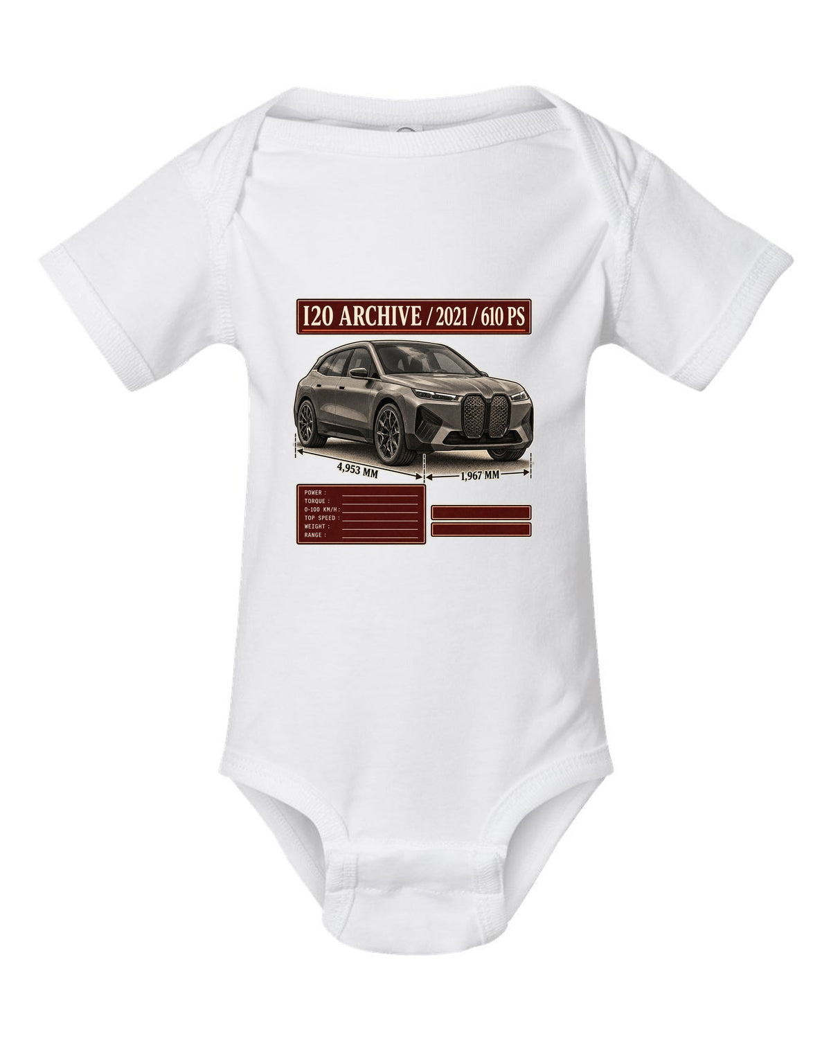 Archive panel print of the BMW iX M60 I20 with 2021 and 610 PS white baby onesie front view with the design